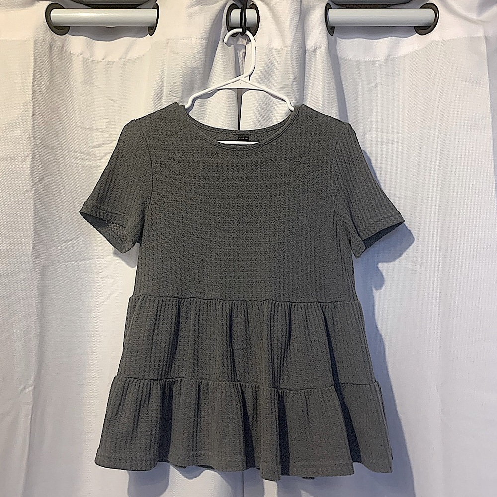 SHEIN Ruffle Hem Waffle Knit Top - Grey